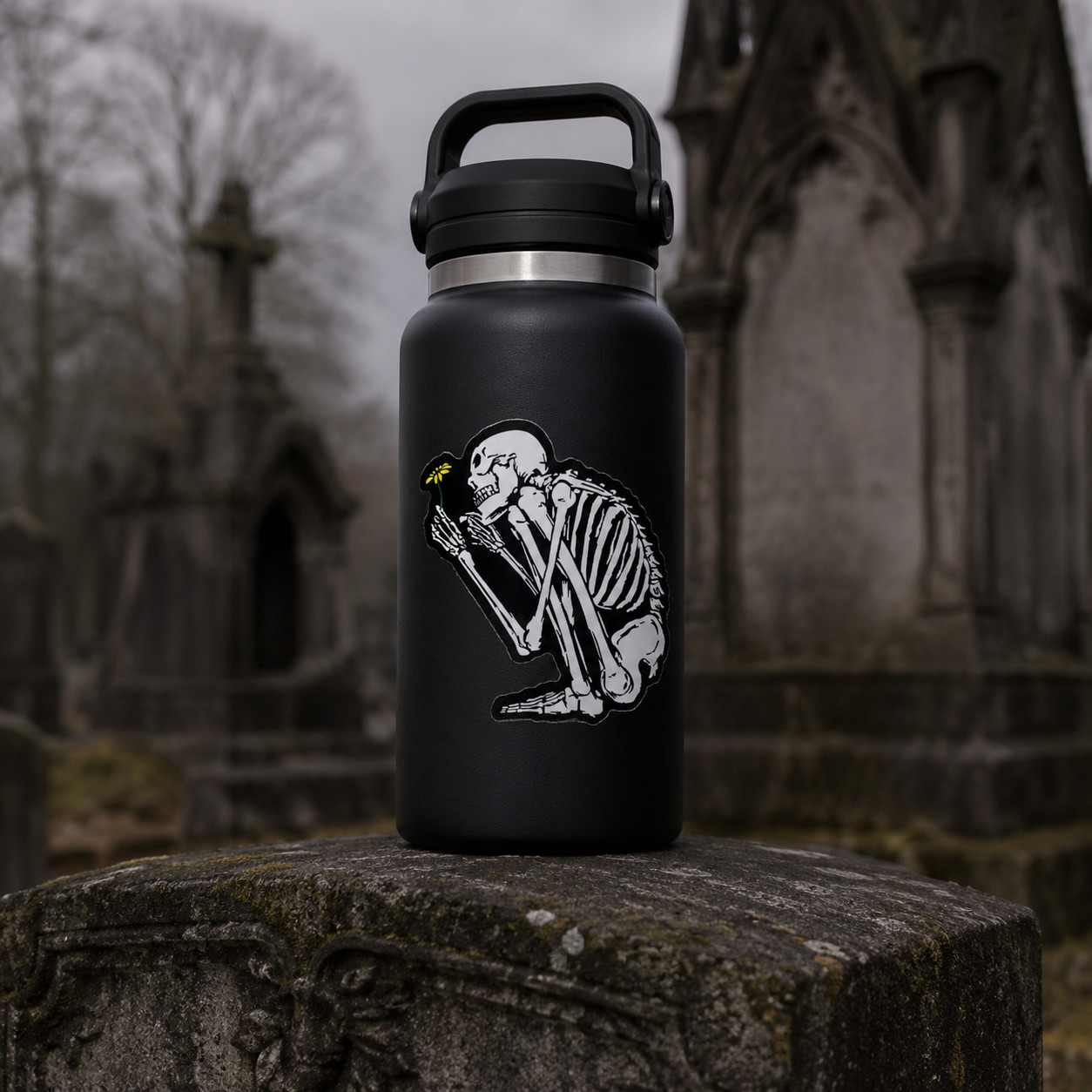 Crouching Skeleton Holding Flower Vinyl Sticker Gothic Art Decal for Laptops 4in