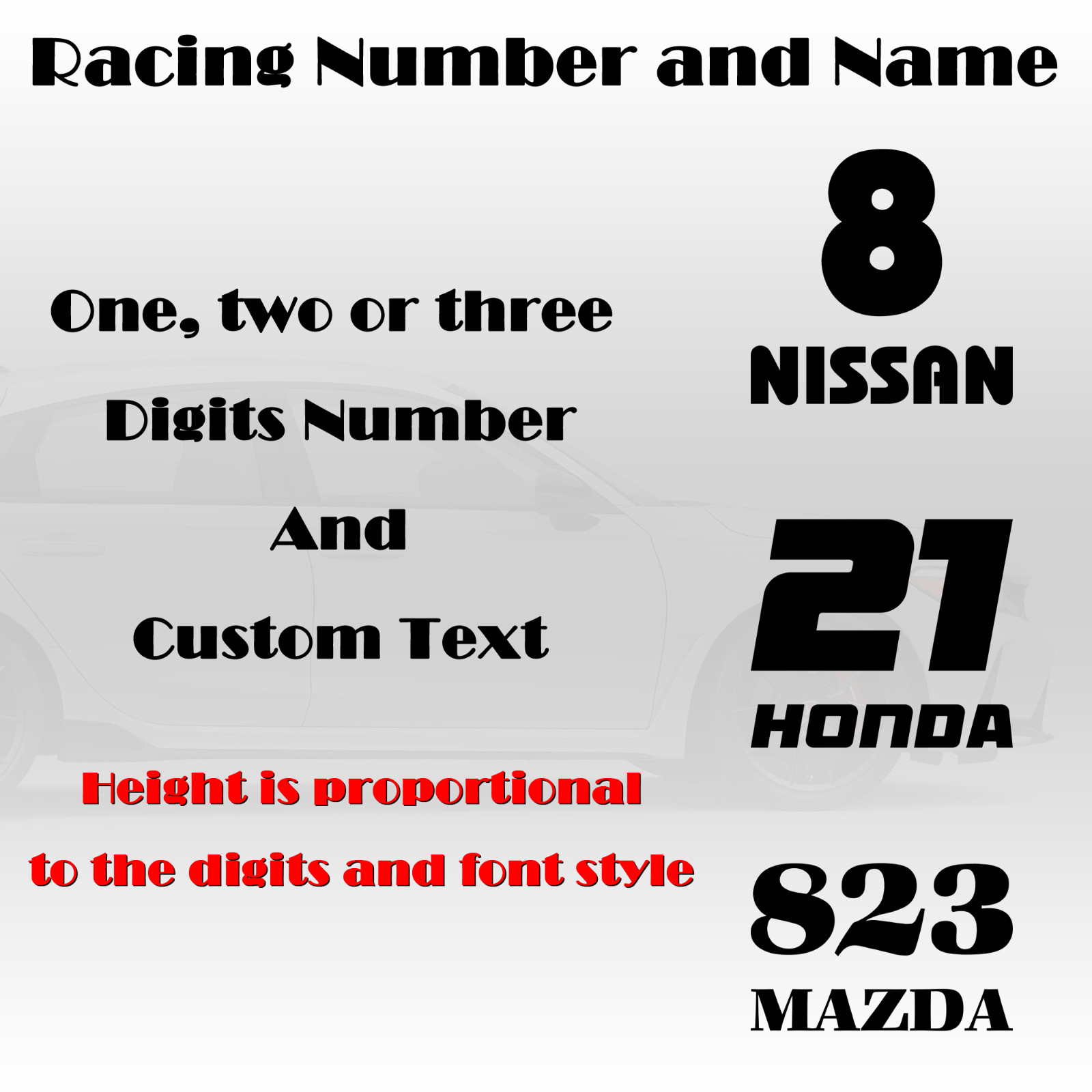 Racing Car numbers 2 pack die-cut door custom number rally sport decal V5