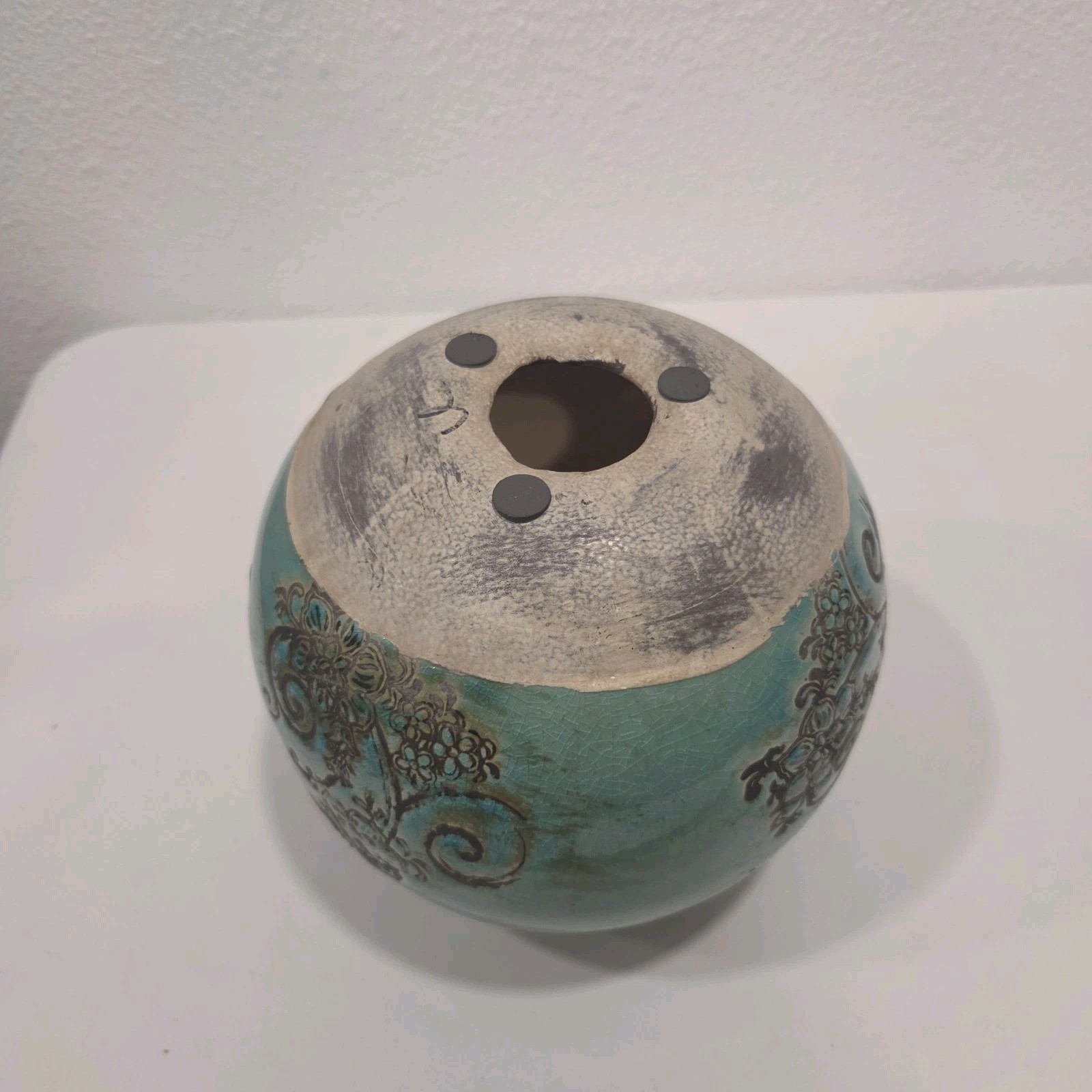 Vintage Turquoise Crackle Glaze Ceramic Decorative Orb Sphere 7” Floral Scroll