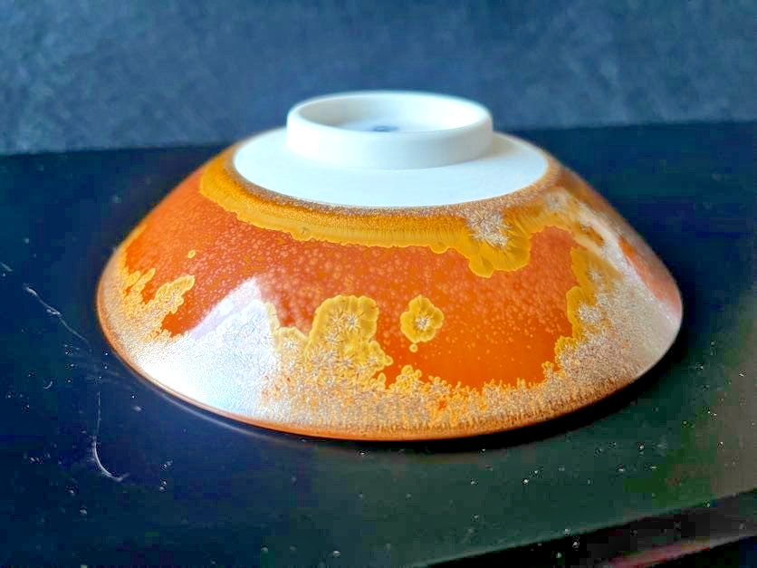 Baba Shinemon Japanese Crystal Glaze Tea Bowl Gold Orange Chawan Signed