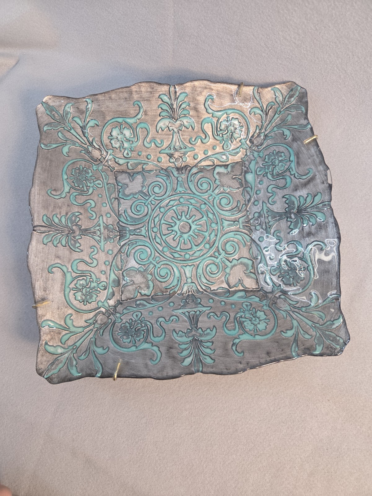 Vintage Turkish Art Glass Platter Square Reverse Painted Turquoise Silver 11"