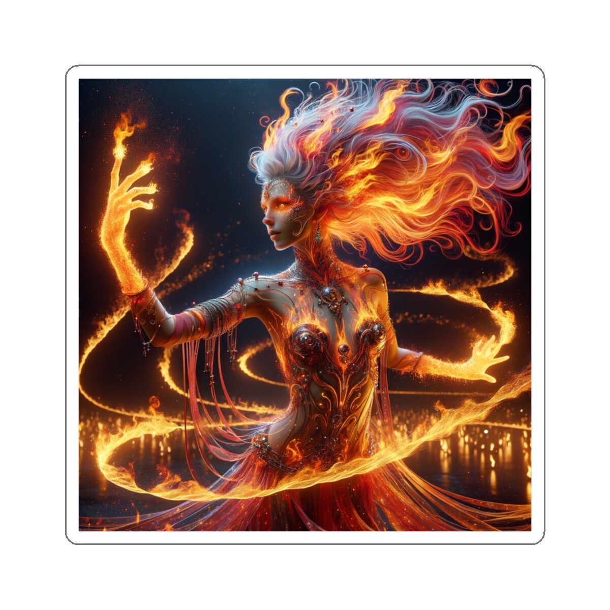 Sticker Elemental Flame Dancer Hyper-Realistic Art 2×2 3×3 4×4 6×6