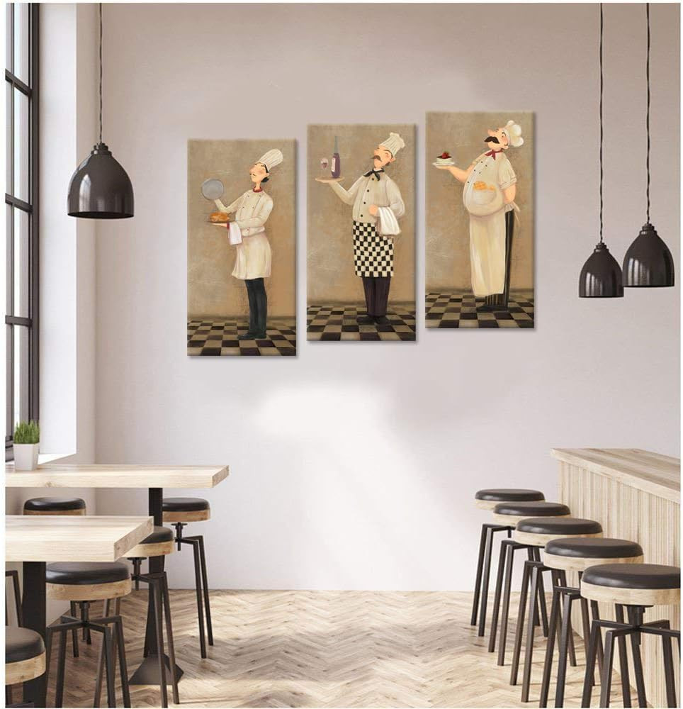 Funny French Chef Vintage Wall Art Set for Kitchen & Dining Room Decor 3Pcs