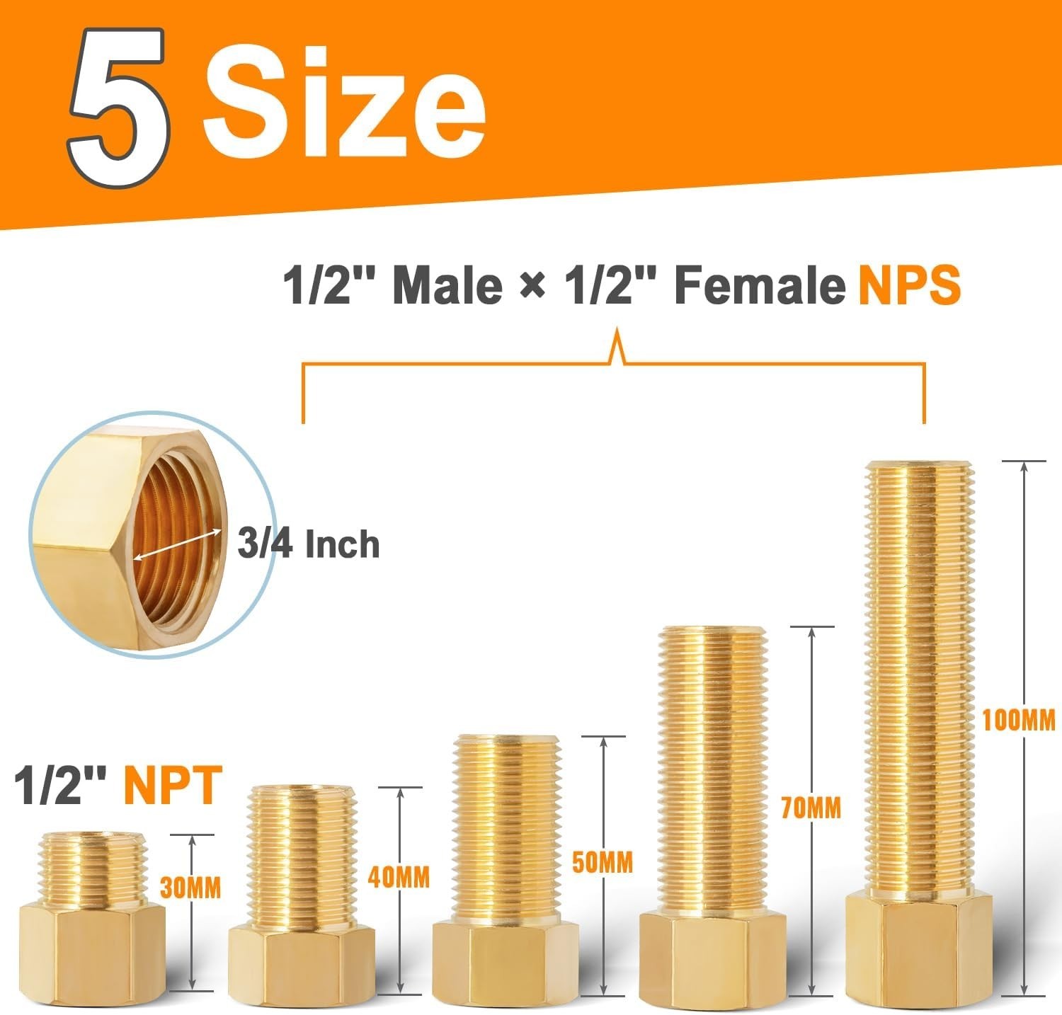 5 Pack 1/2" Brass Extension Adapter Set, 1/2 Inch Male × 1/2" Female Brass Nip