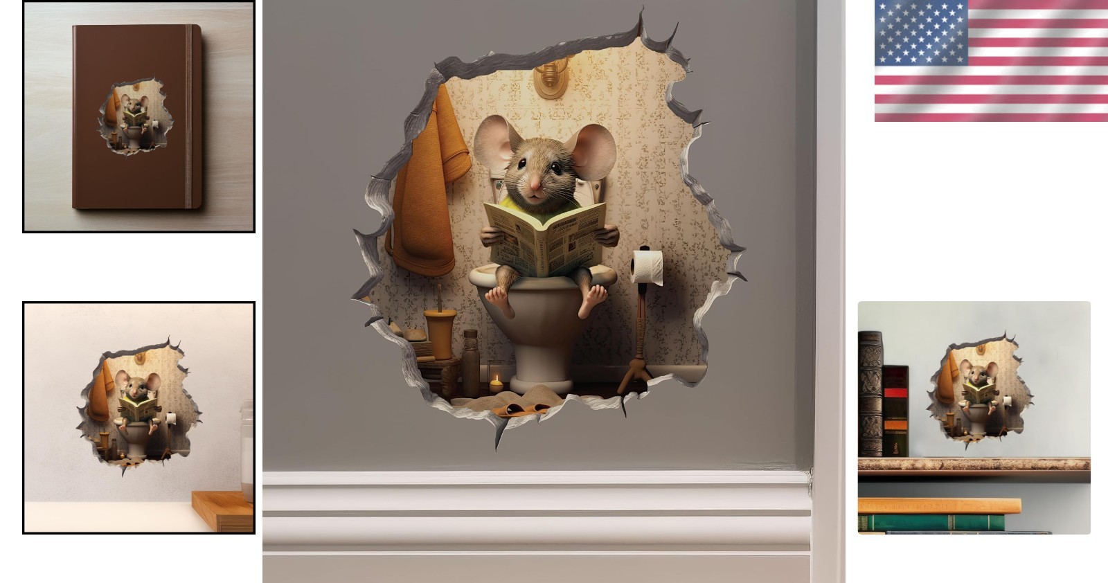3D Mouse Sitting on Toilet Decal – Funny Wall Sticker for Kids' Rooms