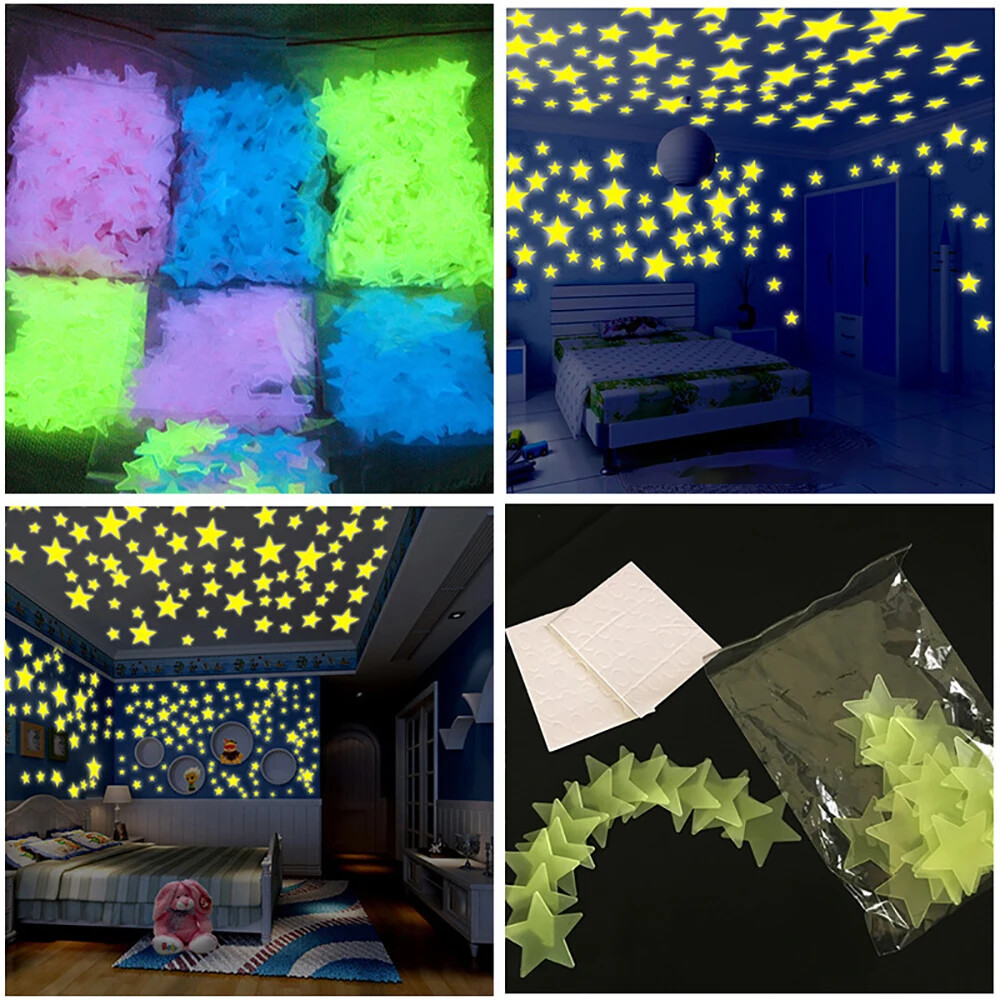 3/50/100Pcs Fluorescent Glow the Dark 3D Stars Moon Wall Stickers Kids Baby Room