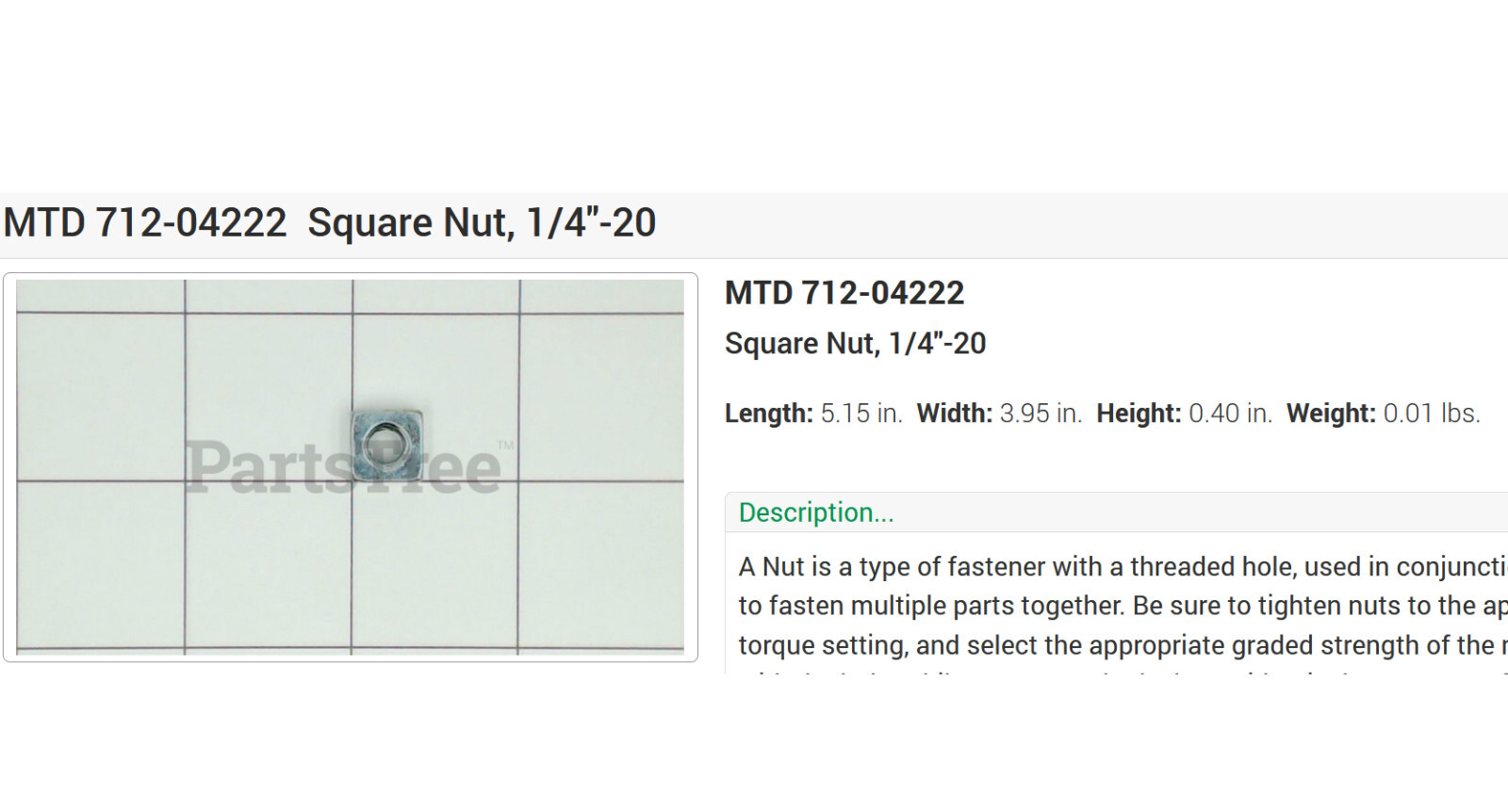 Good used OEM MTD 712-04222 Cub Cadet Crafstman CUSTOM SQUARE NUT 1/4-20