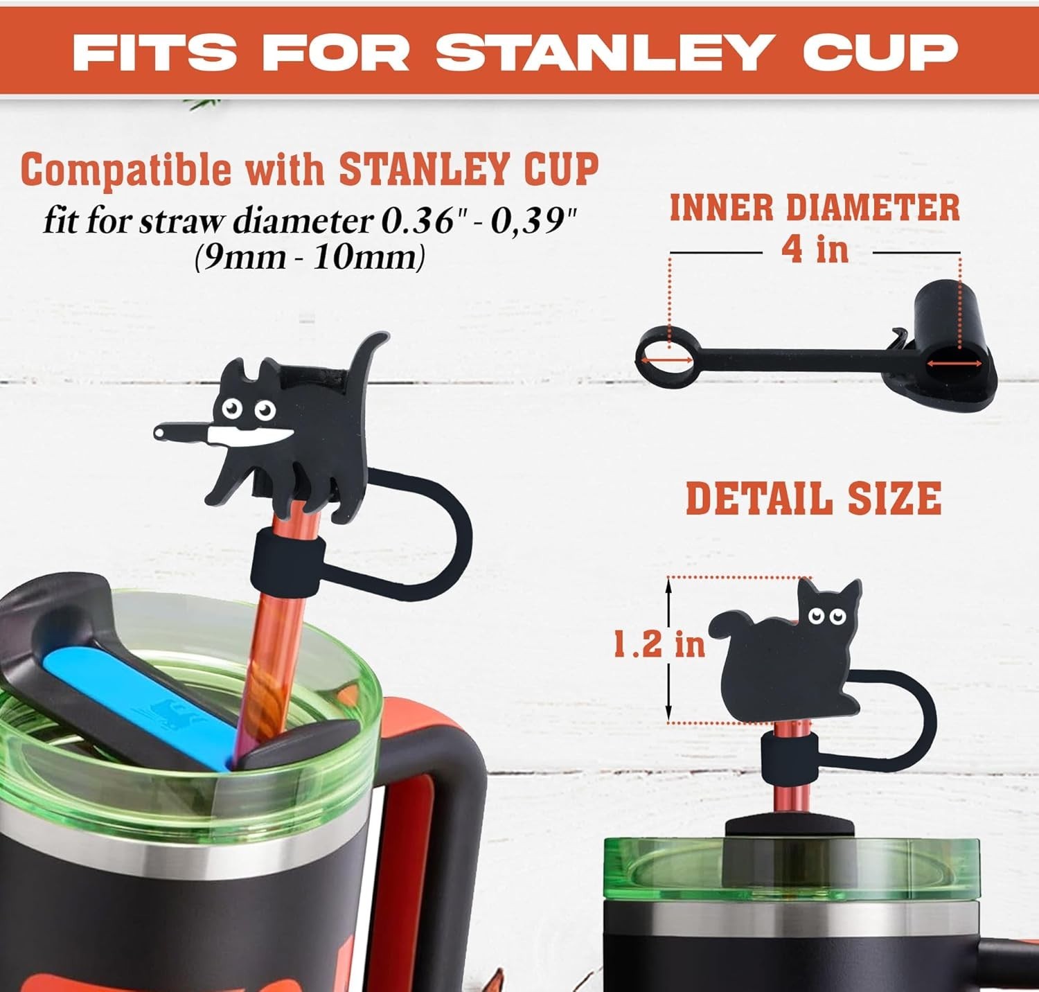 Black Cat Straw Topper, 10mm (0.4in) Cute Cat Straw Covers for Stanley Cup Ac…