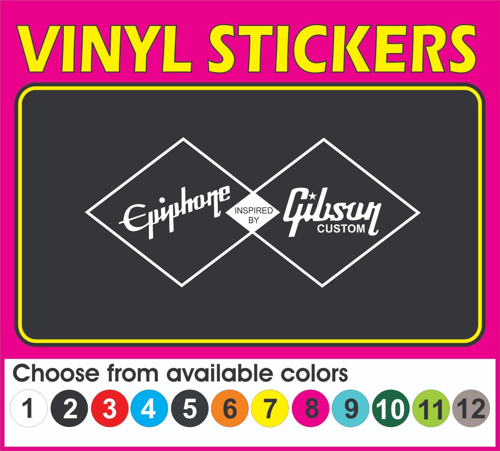 This decal/sticker is compatible with Epiphone by Gibson and others 12"
