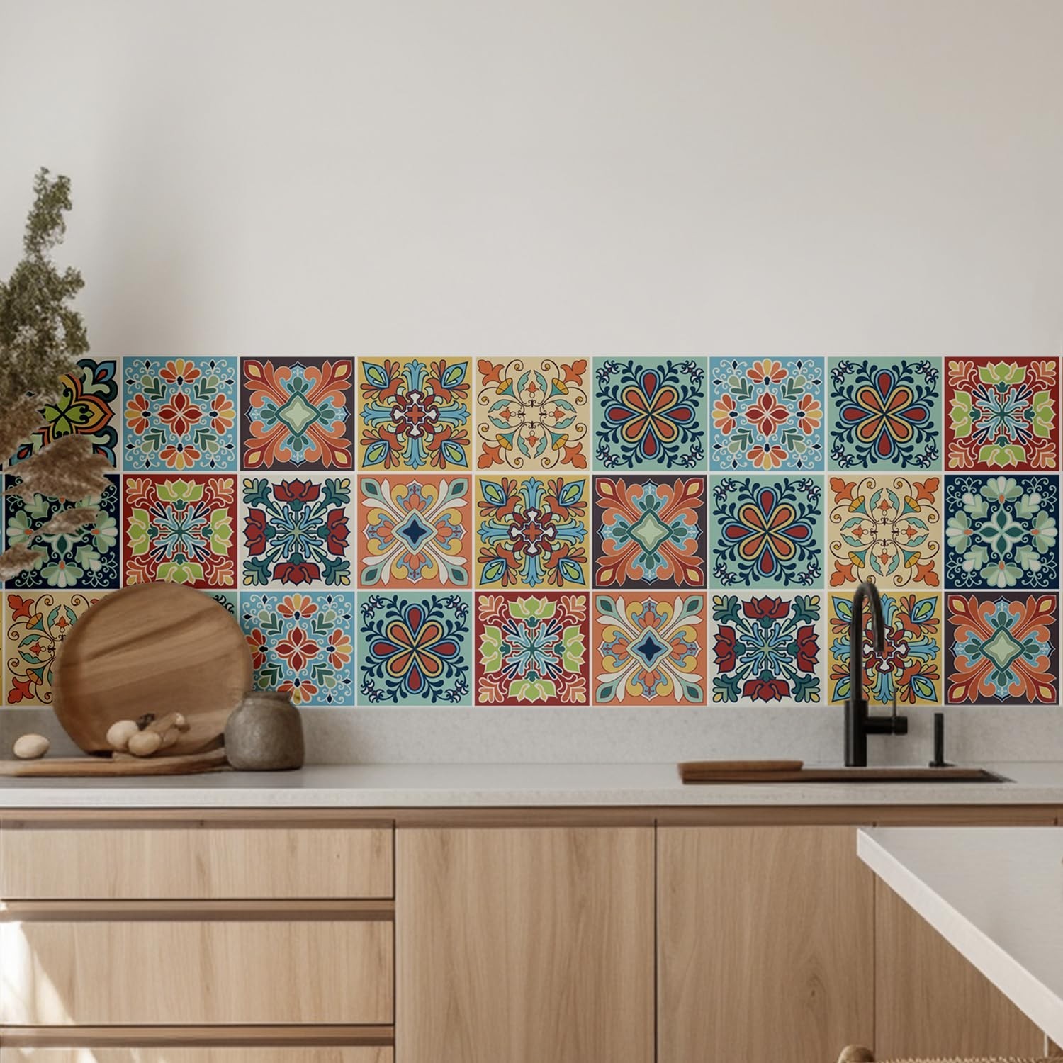 30 Pack, 4×4 Inch Colorful Bohemian Tile Stickers, Peel and Stick Patchwork V…