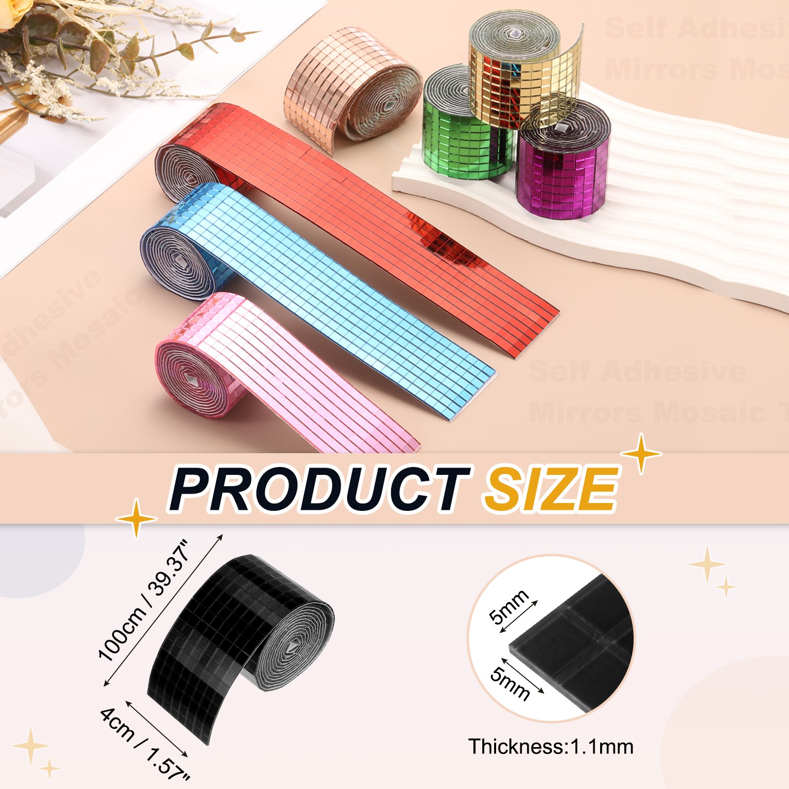 5x5mm Self Adhesive Mirrors Mosaic Tiles, 3200 Pcs Mosaic Sticker, Black