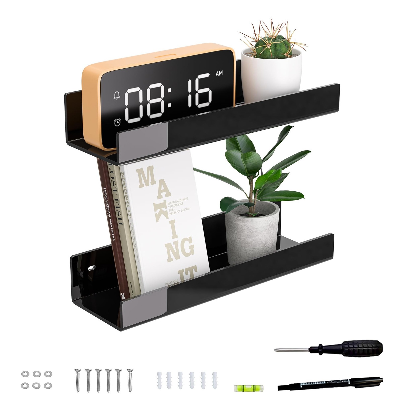 12 Inches Black Acrylic Wall Shelf for Home, 2 Pack, Acrylic Organizer Shelve…