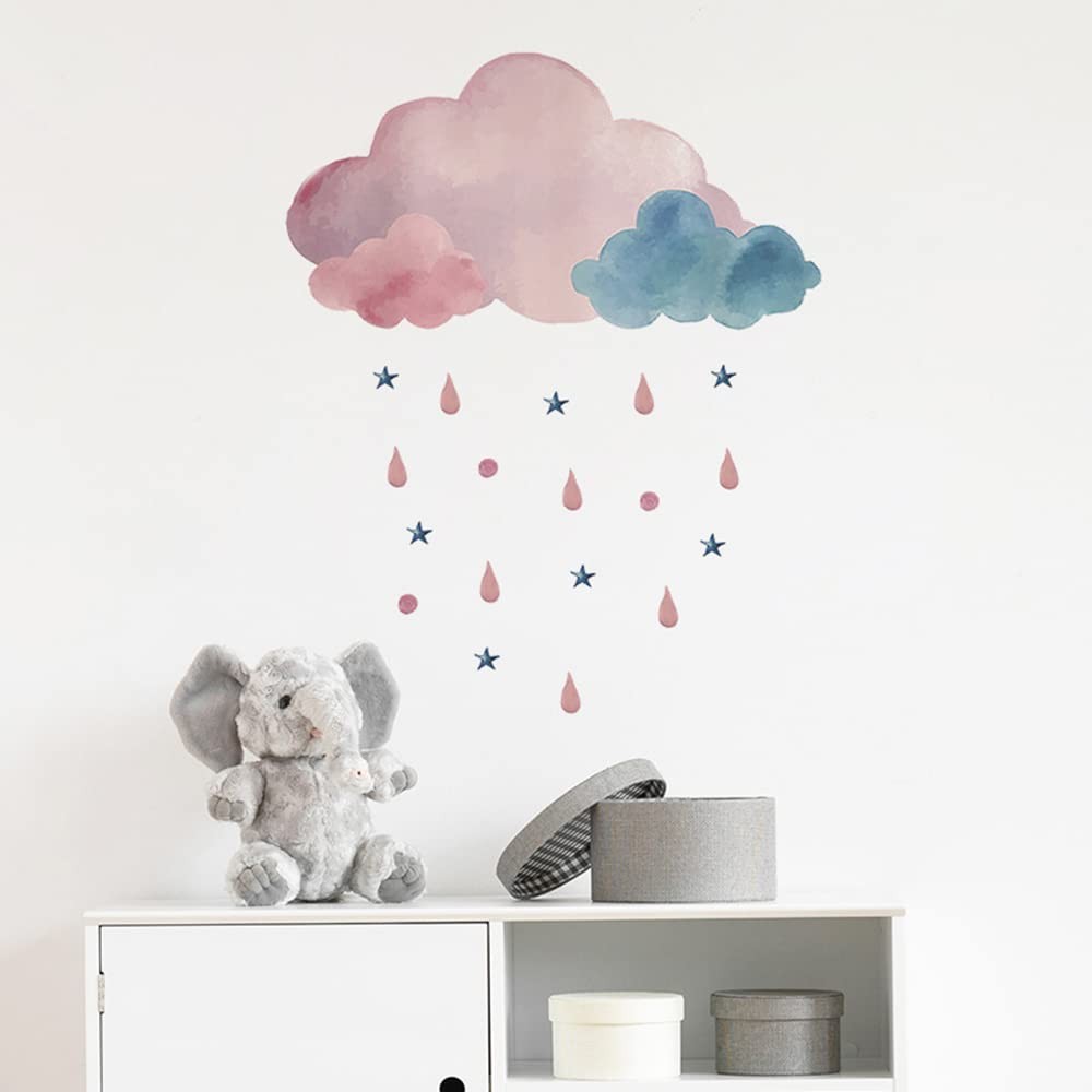 Boodecal Pink Watercolor Cloud Rain Drops Stars Kids Wall Stickers | Raining,…