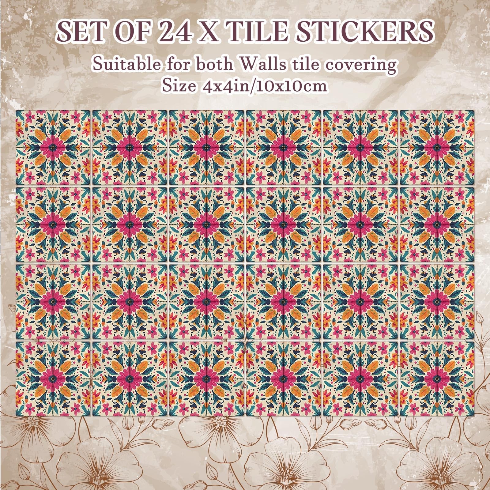 24 Pcs Vintage Tile Stickers 4×4 Inch Vintage Pink Flower Peel Stick Rustic R…
