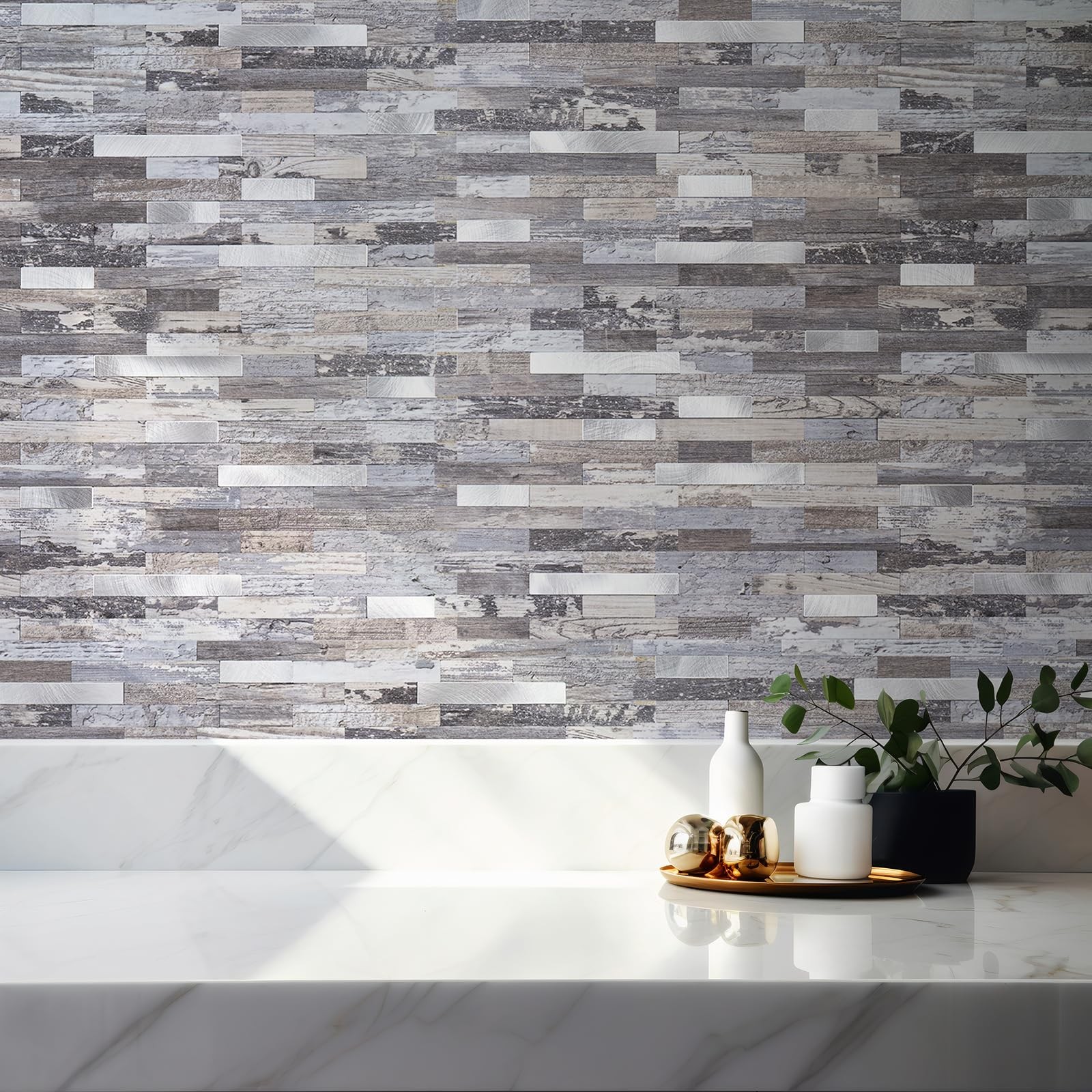 Azulejos Adhesivos Madera Envejecida Y Plata Para Chimenea Pack De 20 Pro