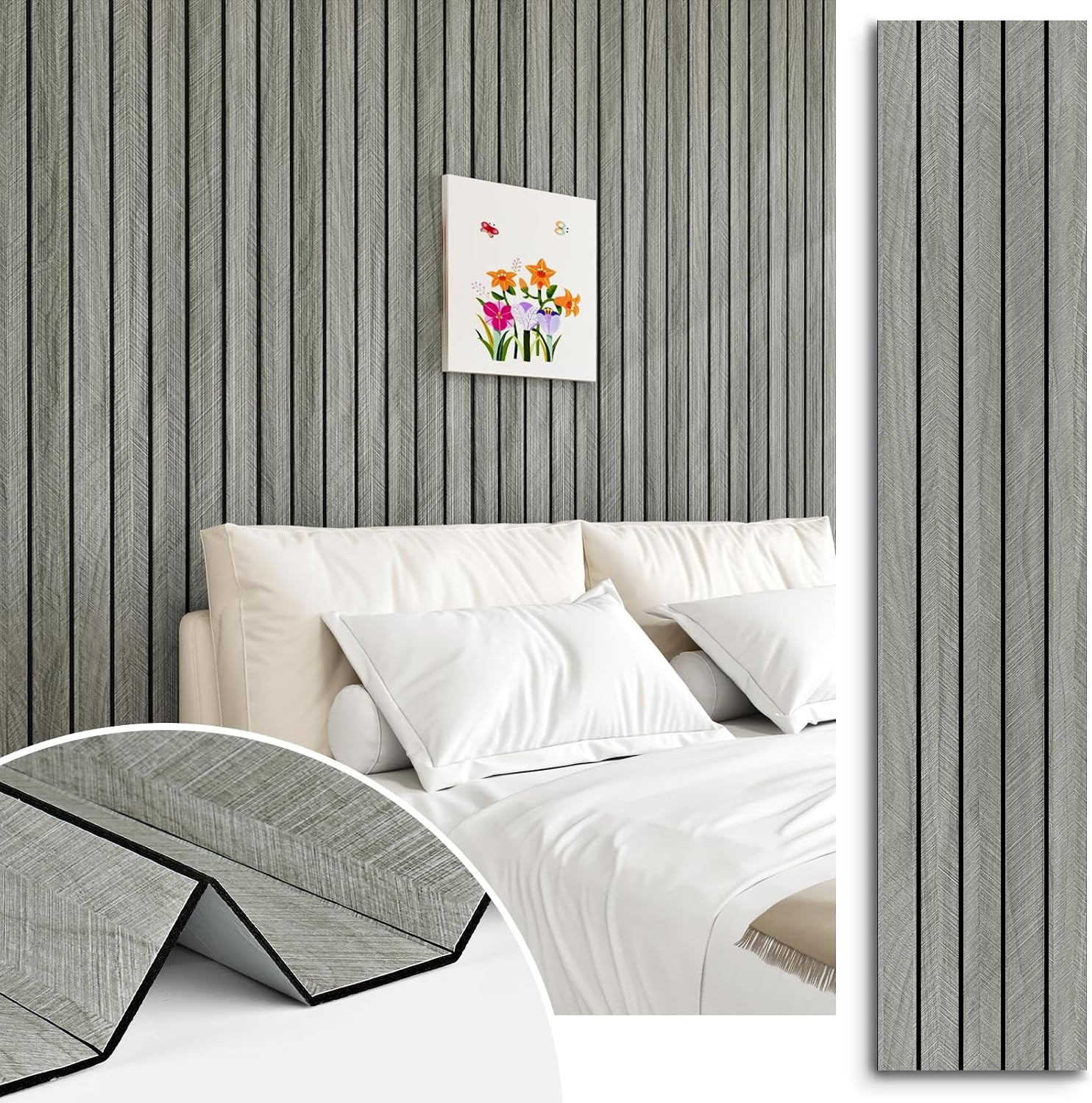 Grey Wood Wall Slat Panels Peel and Stick 3D Fluted Wood Panels for Interior Wal