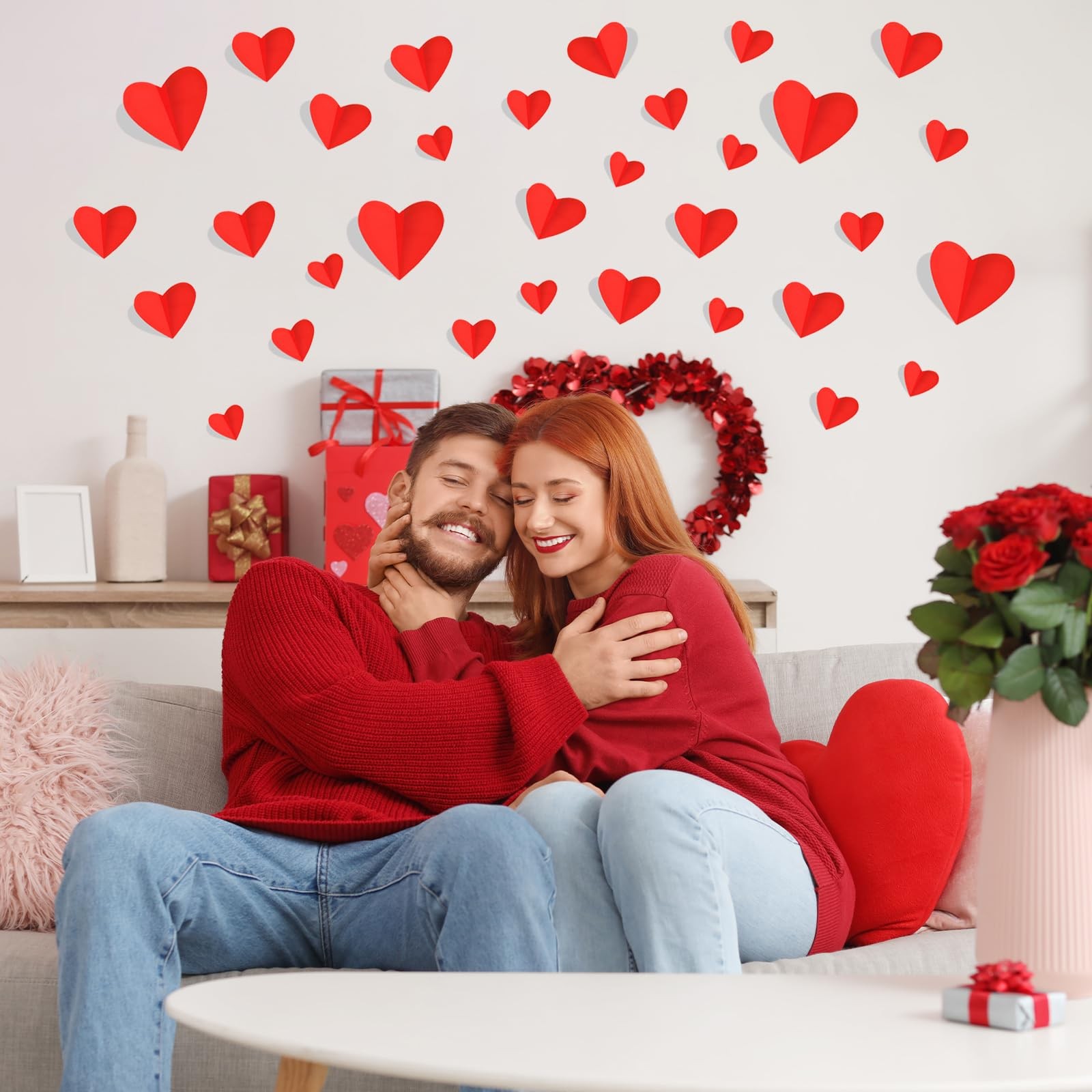 74 Pcs Valentine's Day Decoration, 3D Red and Pink Heart Valentine Wall Stick…