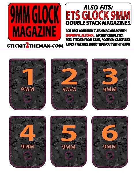 FITS GLOCK 9MM BLACK MULTICAM BACKGROUND ORANGE TEXT NUMBERED 1-6 set of six