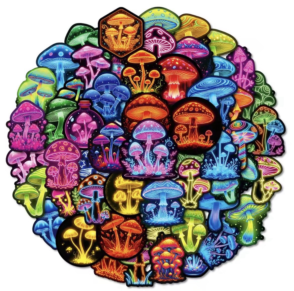 Neon Mushroom Colorful Style Stickers 50pk Mixed Shrooms Stickers FREE SHIPPING