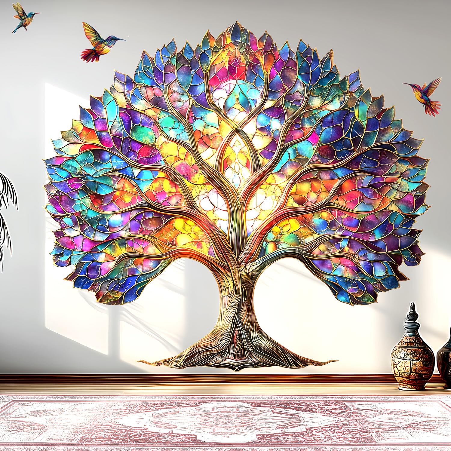 Vibrant Tree of Life Wall Decals Peel and Stick,Stained Glass Leaves Wall Sti…