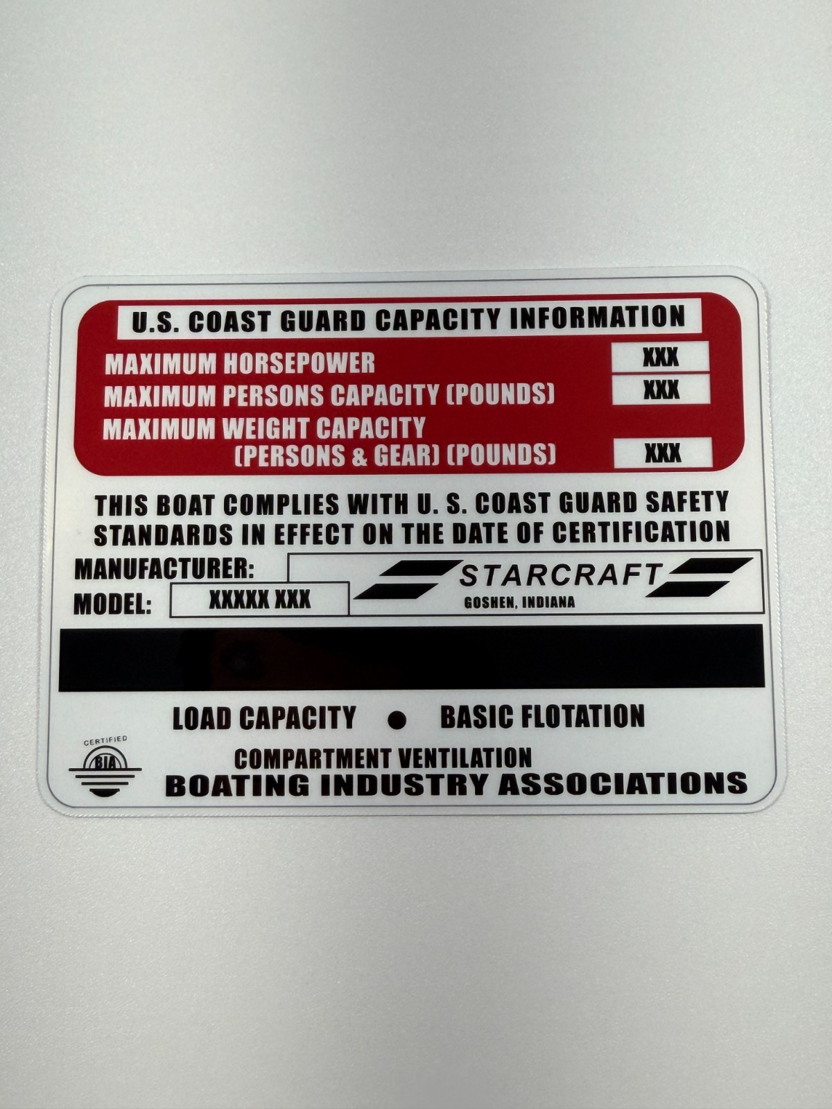 Custom Vintage Starcraft Boat Capacity Plate Sticker Replacement Decal 4×3 White