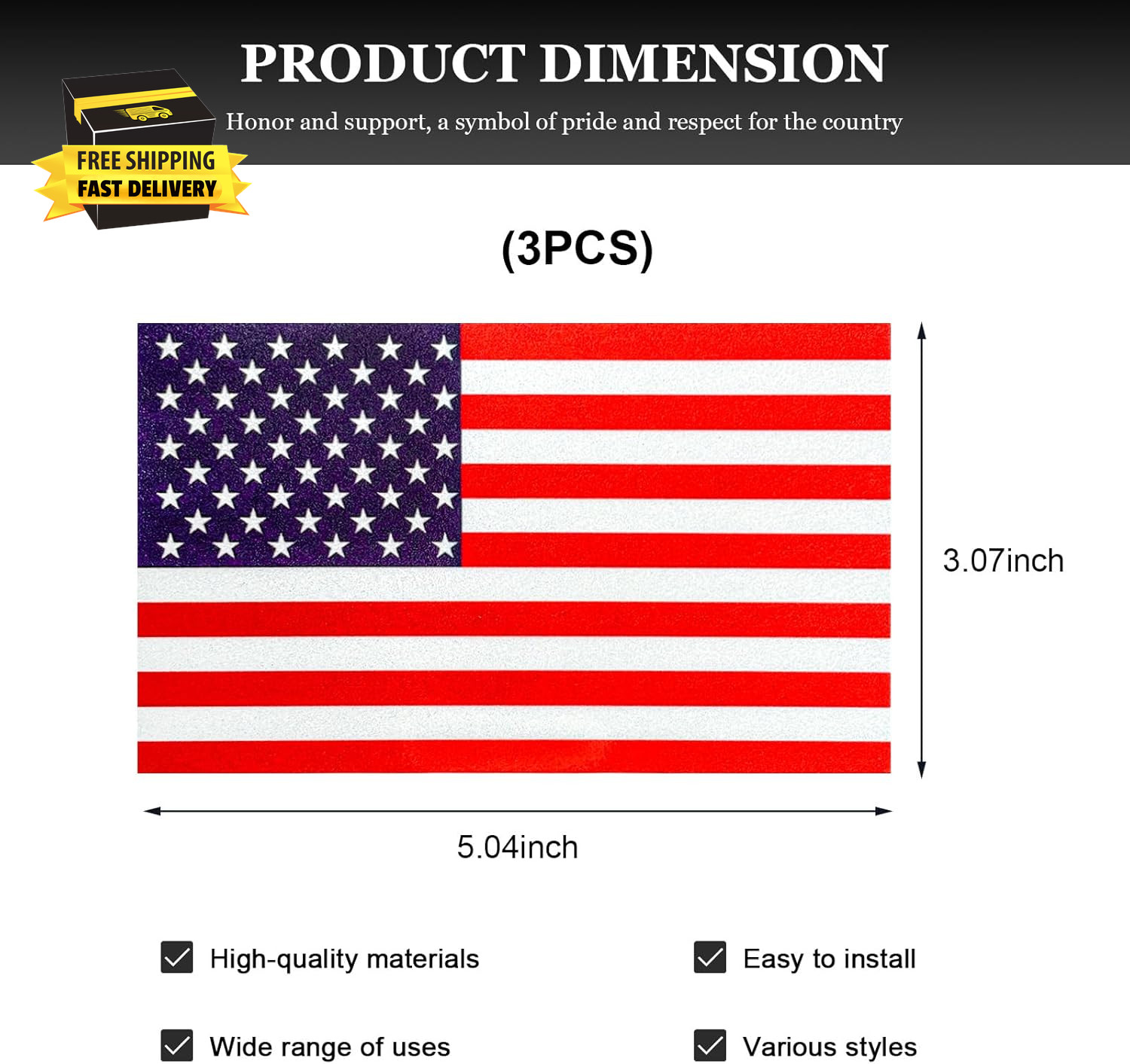3PCS Reflective American Flag Stickers, 5"×3" Waterproof Vinyl Decal US National