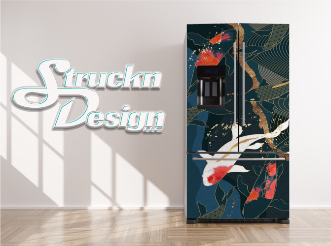 Water Waves Koi Fish Oriental Gold Fridge Freezer Wrap Side Door Vinyl Decal