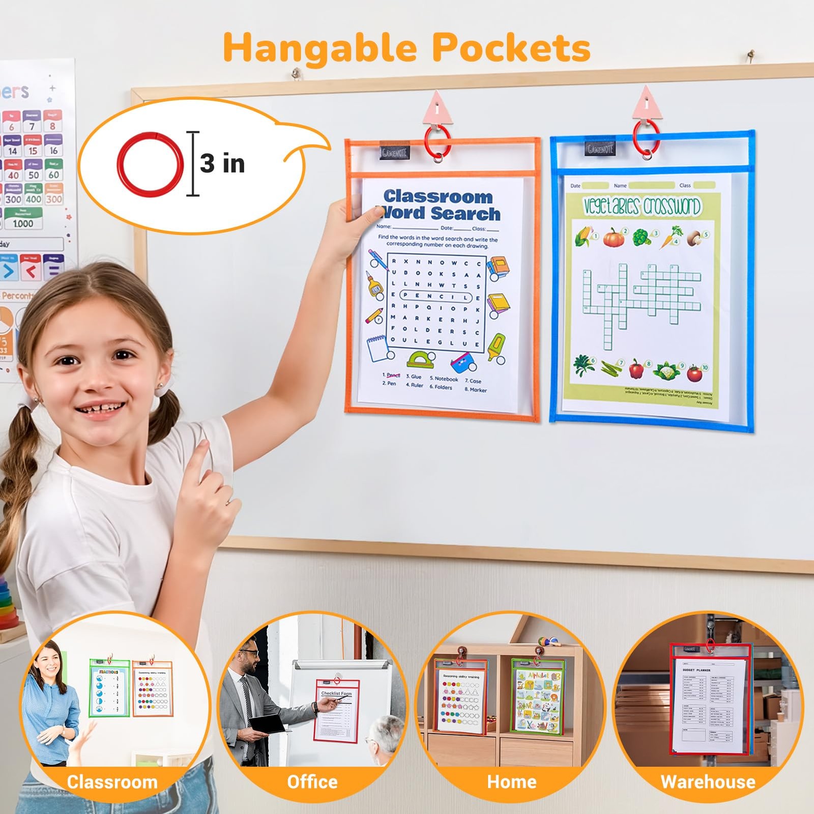 Gamenote 30 Pack Dry Erase Pockets with 5 Rings, 10 30 Pack, Assorted Colors