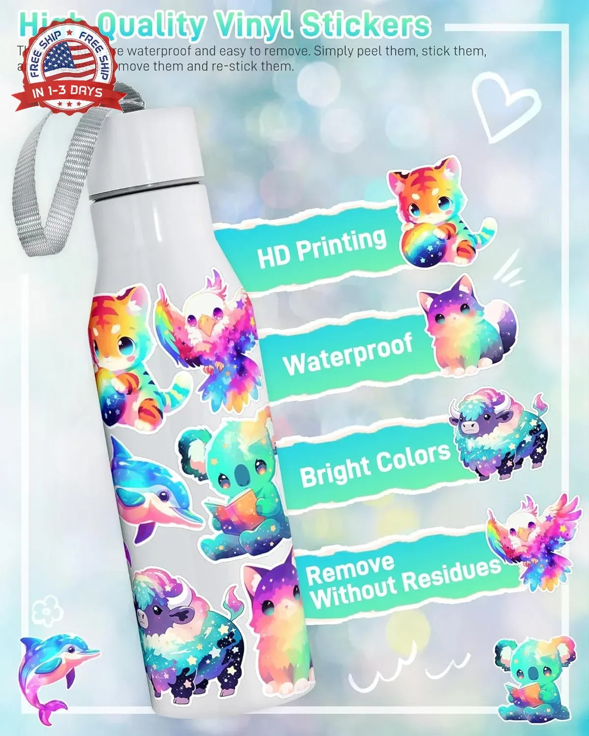 100 Pcs Cute Rainbow Animal Stickers Pack for Kids Girls Teens, Kawaii Waterproo