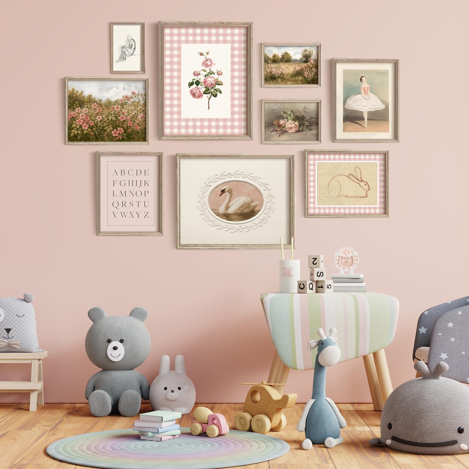 Vodefoad Pink Nursery Wall Art Set Retro Baby Girl Nursery Wall Decor Cute Ki…