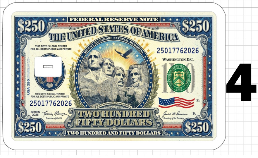 250 Dollar Bill Credit Debit Gift Card Skin ATM Sticker America USA Birthday US