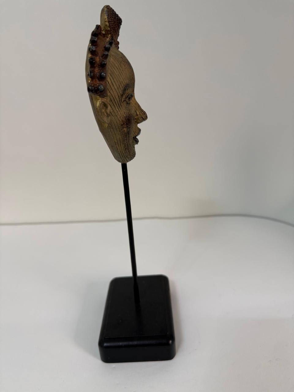 African Metal Head Sculpture Statue on Stand Tribal Art Decor Vintage Style Figu