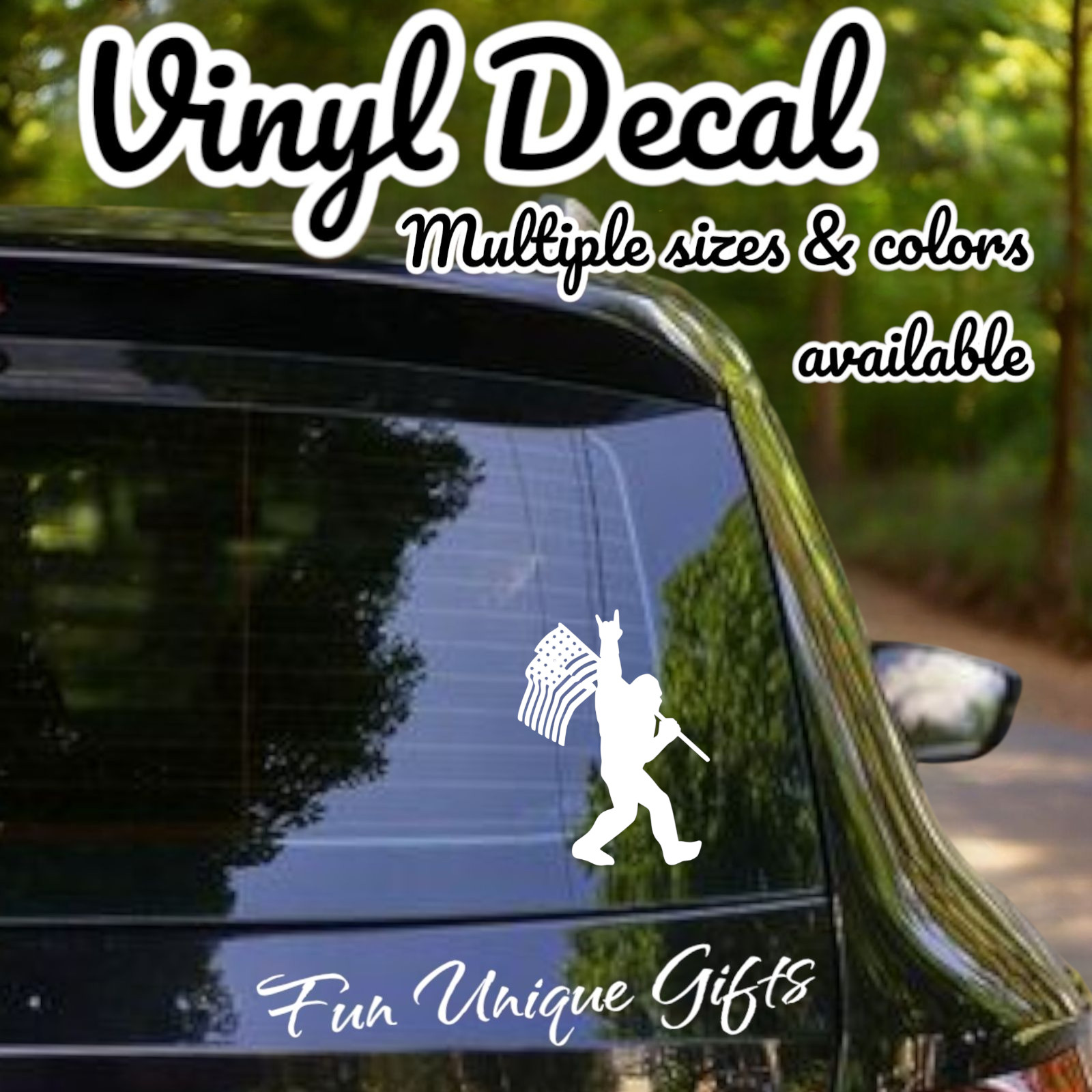 Big foot with FlagVinyl Decal Sticker -Multiple Colors & Sizes- SHIPS FREE!