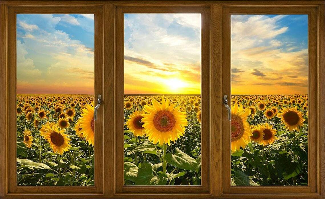 WindowScape Sunflower Field Sunset #2 3D Window Wall Decal Vinyl Wall Sticker