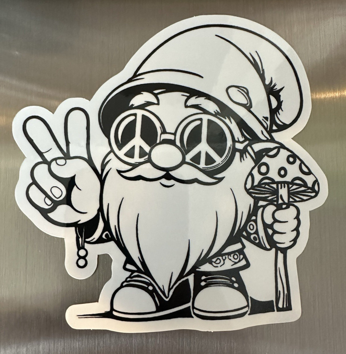 Gnome, Vinyl Die Cut Sticker. Peace sign, mushroom staff, black & white 4" x 4"
