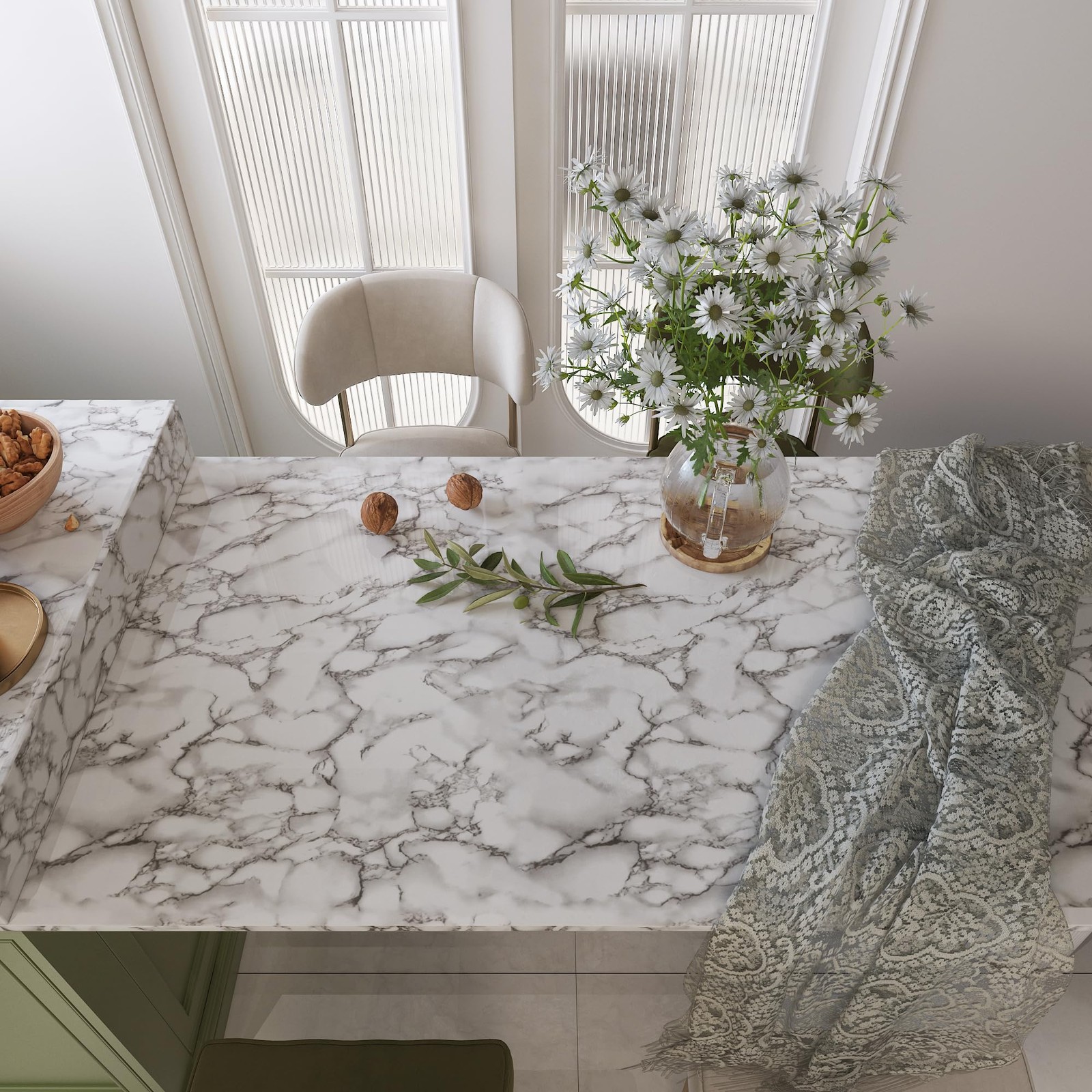 JSEVEM 16"×118" Grey White Marble Wallpaper Peel and 16" x 118", Cream