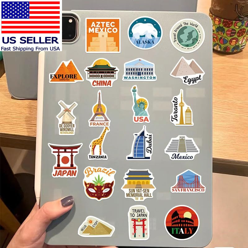 100 Pcs World Travel Stickers Set Cityscape Aesthetic Travel Map Sticker Vinyl W