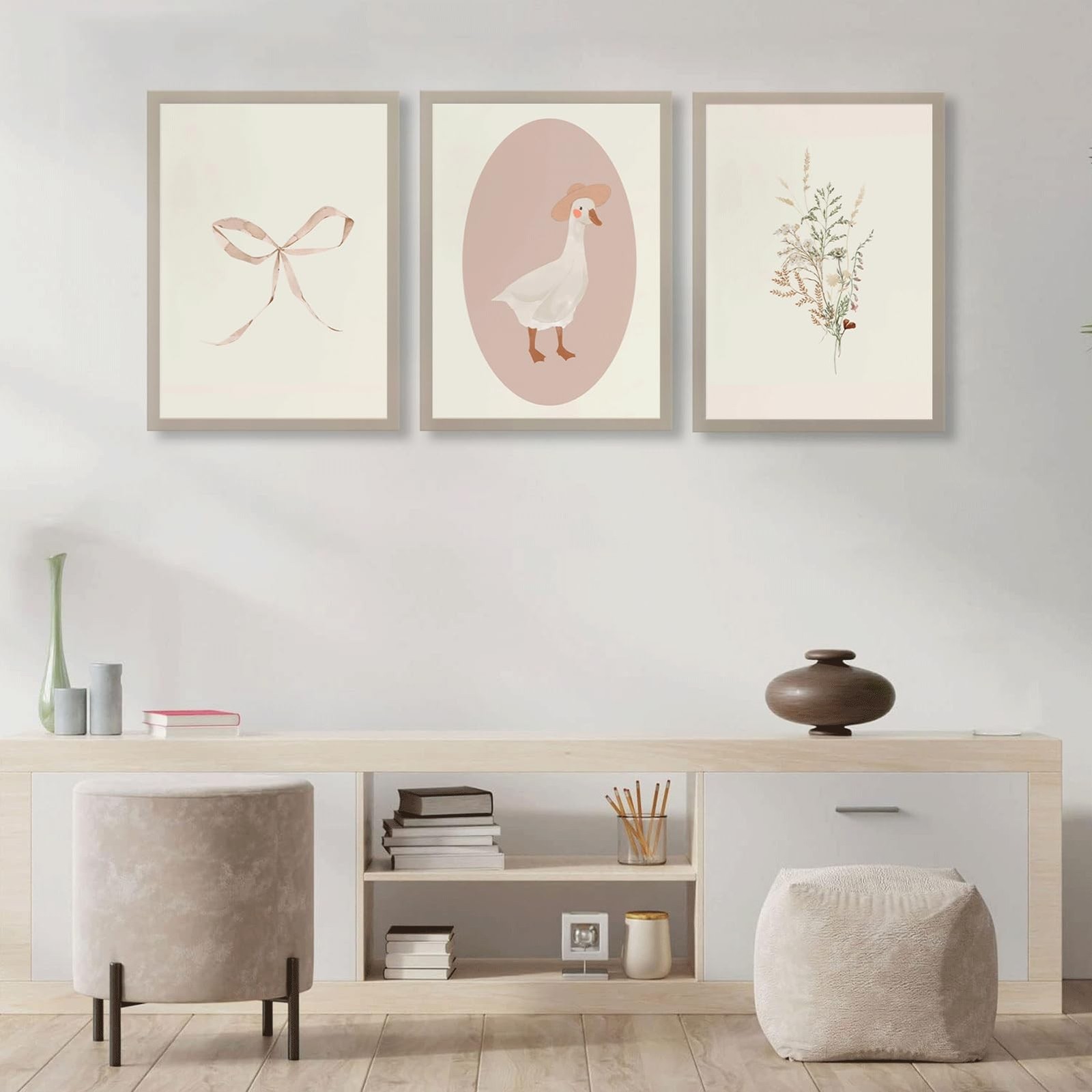 3Pcs Girls Nursery Wall Art Vintage Goose Wall Decor Pictures Pink Bow Poster…