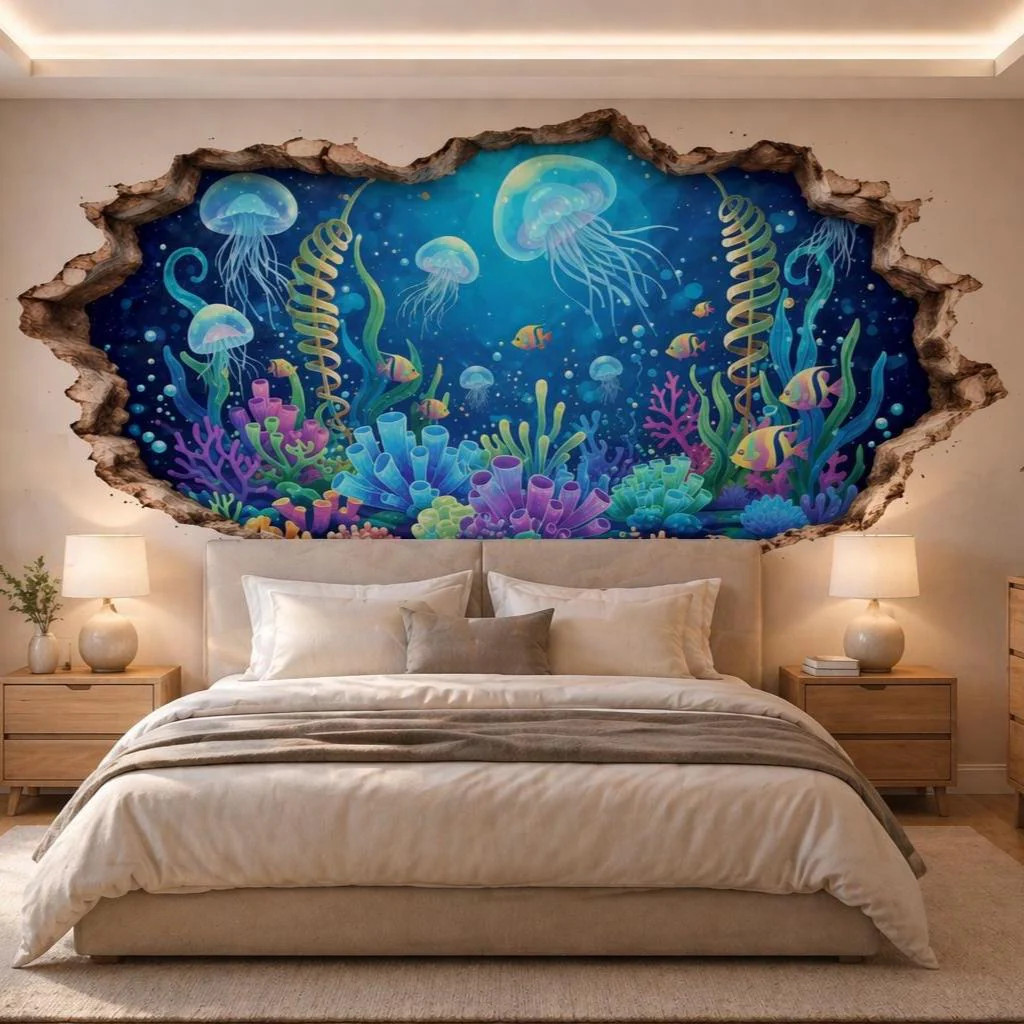 3D Underwater Wall Vinyl Decal | Jellyfish Coral Reef Broken Wall Illusion