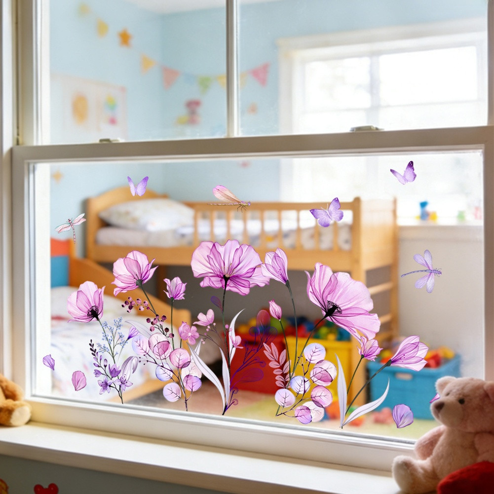 Static Window Sticker with Purple Flowers and Butterflies 11.81 by 23.62 in