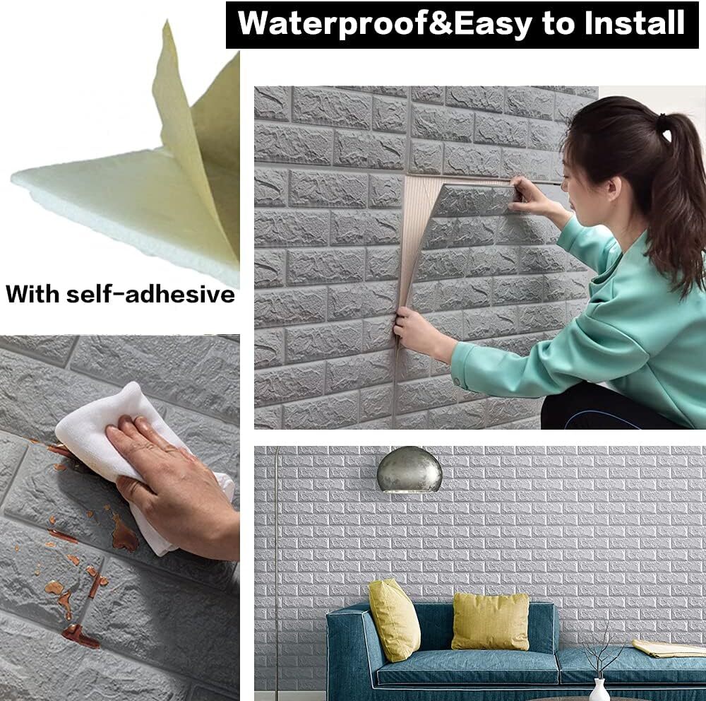Silver 3D Tile Brick Wall Sticker Self-adhesive Foam Panel Wallpaper 14.5 SQ FT