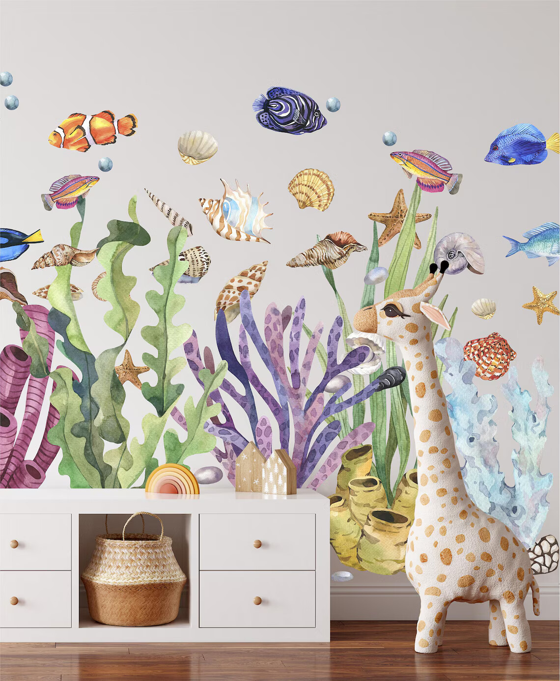 Seaweed, Coral, Tropical Fish & Seashells Ocean Fabric Wall Decal Set Removable