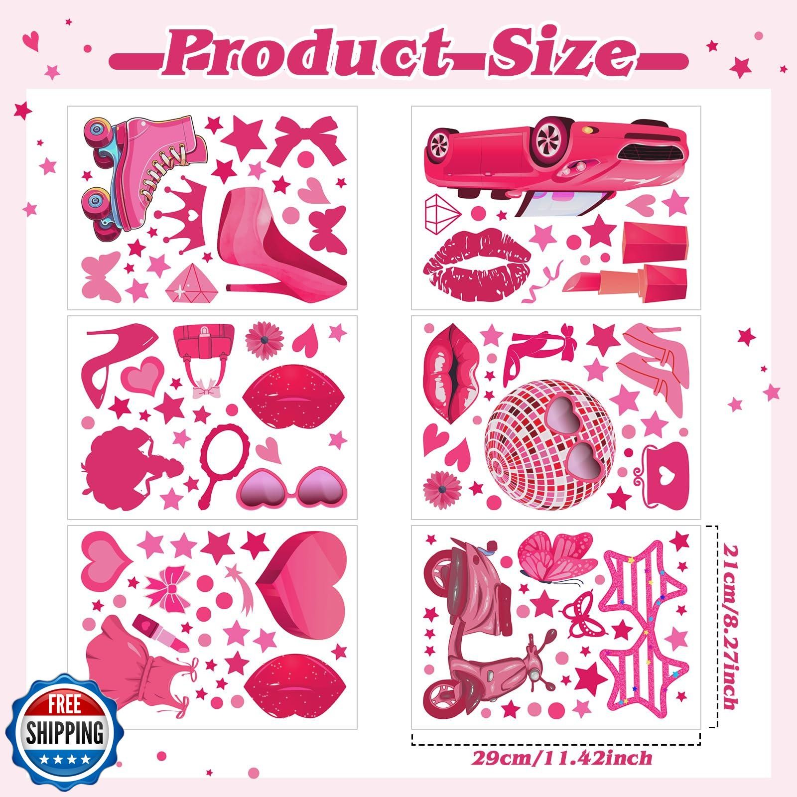 Chivertion 116 Pcs Hot Pink Girl Wall Stickers, Princess Doll Lip Heart Room