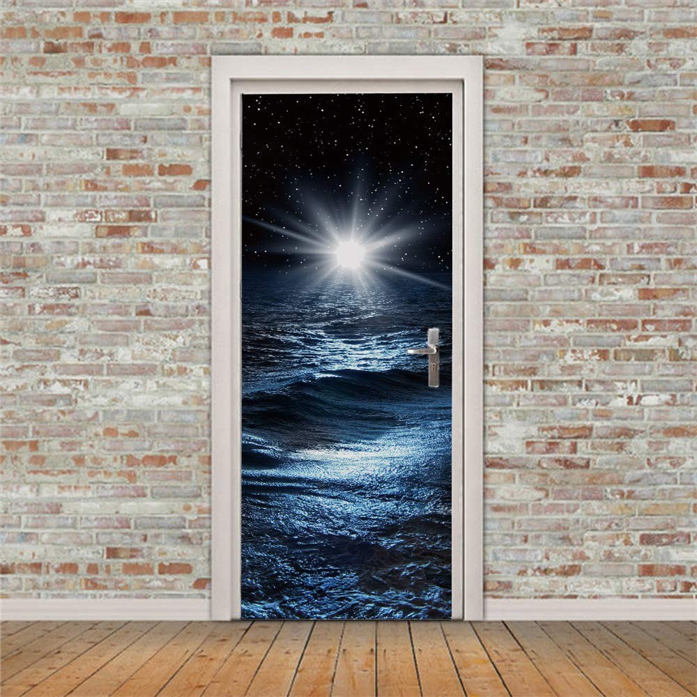 ZY-KL 3D Door Sticker Wall Decals Mural Wallpaper Galaxy Blue Starry Sky, Wat…