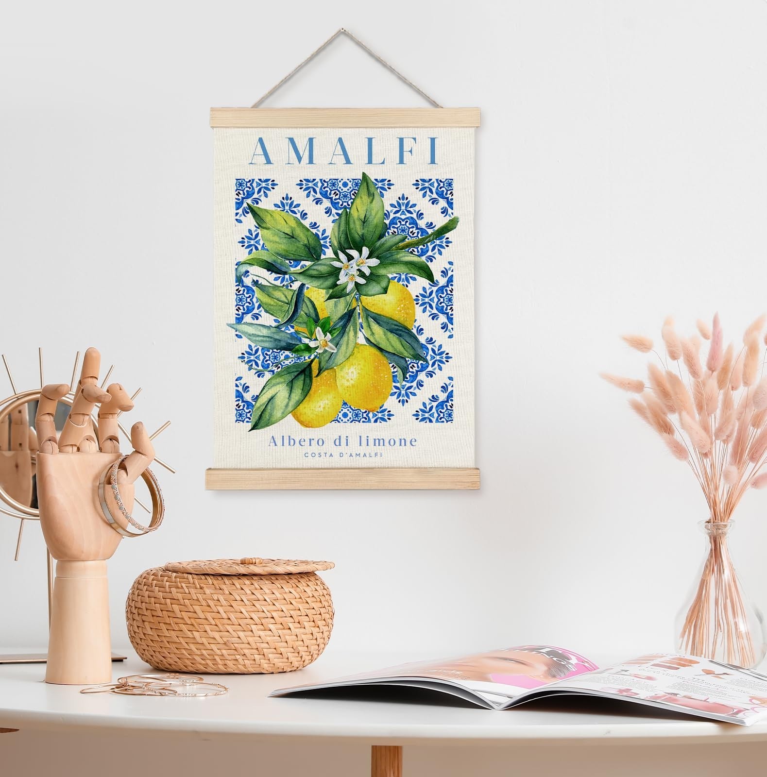 Yomisex Italian Amalfi Coast Lemon Wall Art Poster, Blue and White Floral Med…