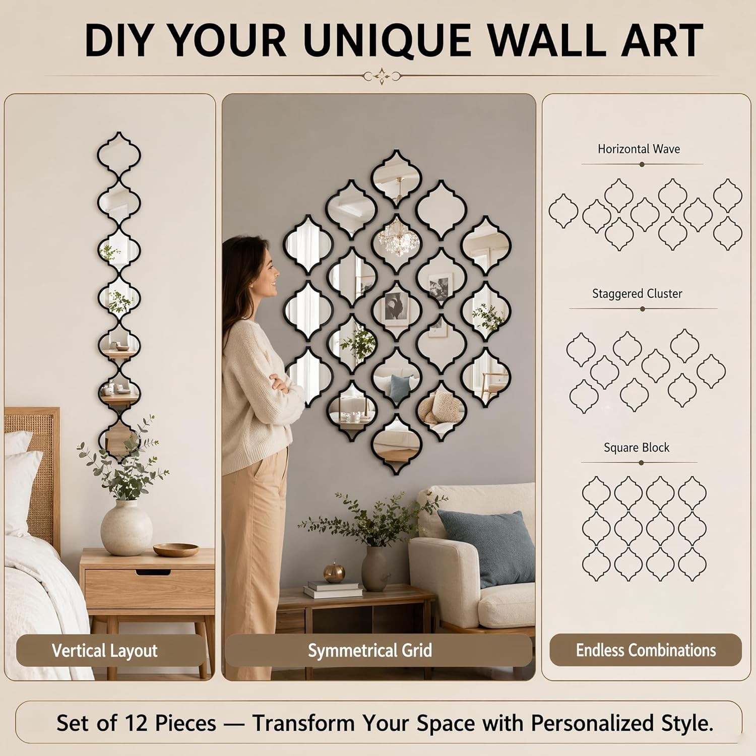 12Pcs Acrylic Mirrors for Wall Decor – DIY -Adhesive Decorative Mirror Tiles,…