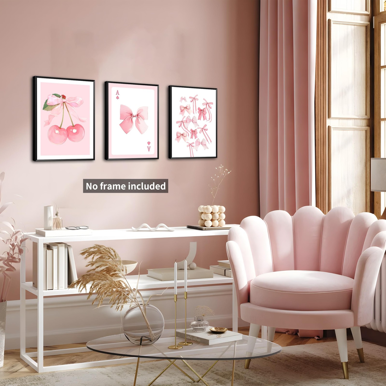 Trendy Pink Bows Posters Wall Art Set of 3, Vintage Preppy Cherry Picture Pri…