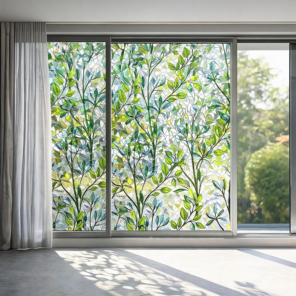 Green Leaf Themed Window Film PVC Material 45cm Size for Residential Use