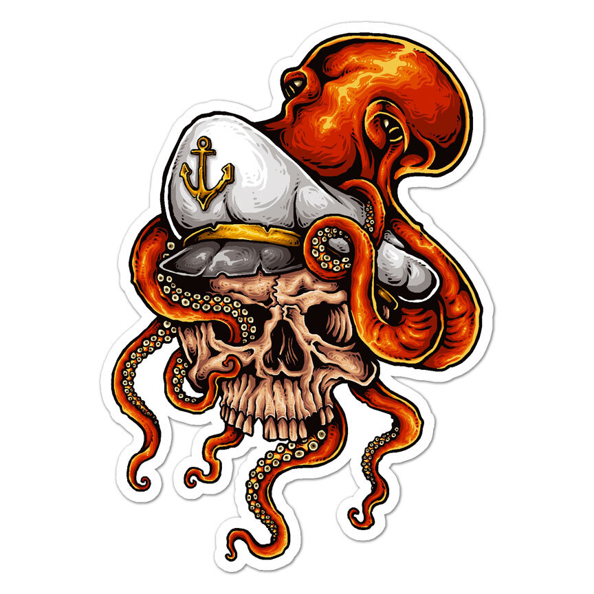 Octopus Captain's Skull, Vinyl Decal Sticker, Indoor Outdoor, 3 Sizes, #8922