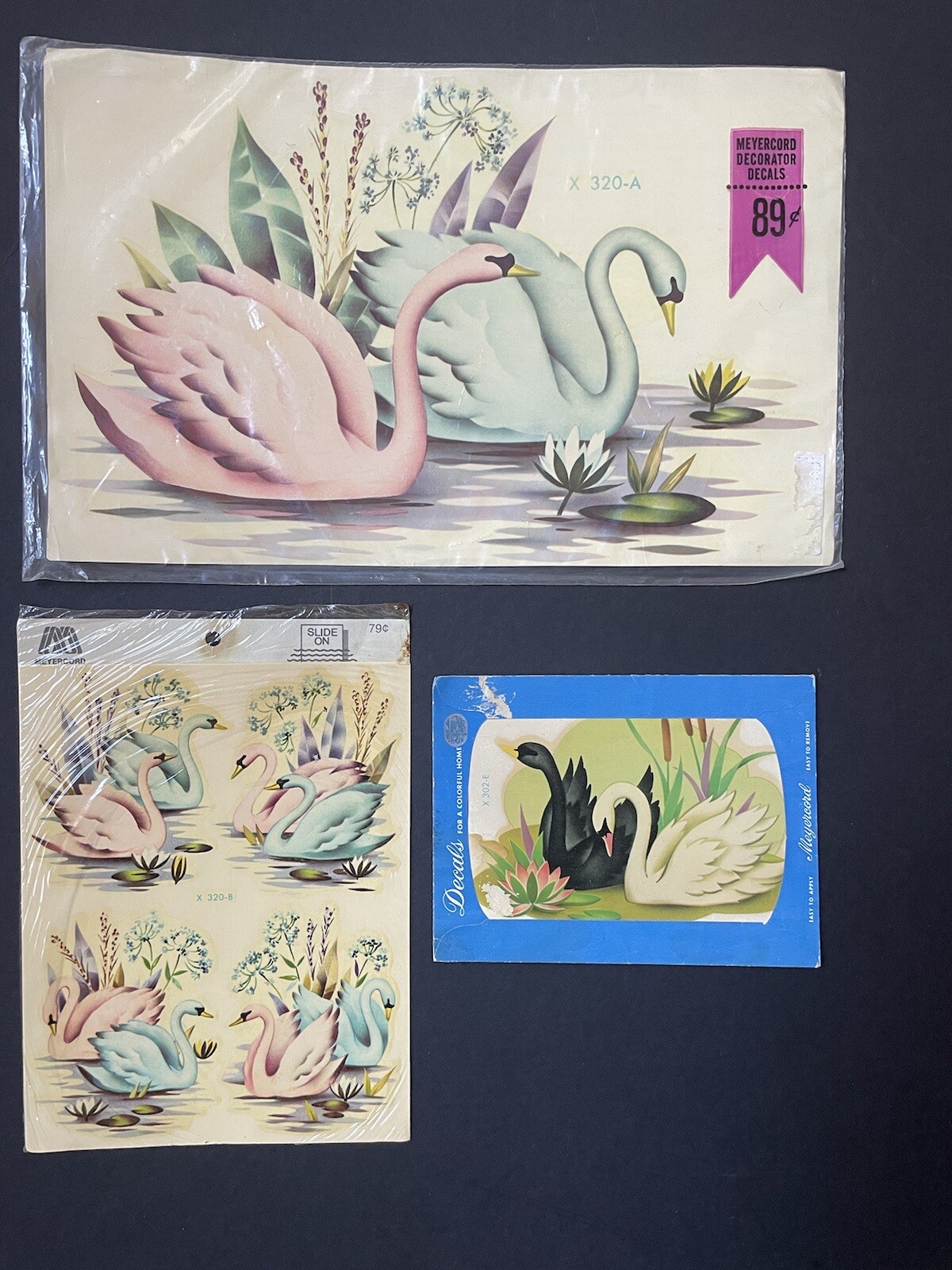 NEW Vintage MEYERCORD Decorative DECALS *SWANS NOS Pink Blue Black